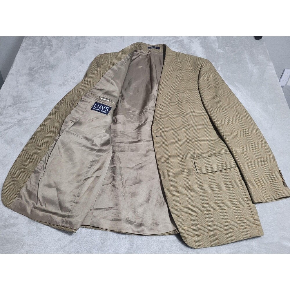 Chaps Ralph Lauren Sport Coat Mens 44 Long Beige Plaid Tweed Blazer 2 Button